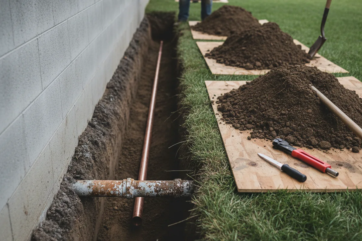 Excavated water line trench during Water Softener Installation in Amesville